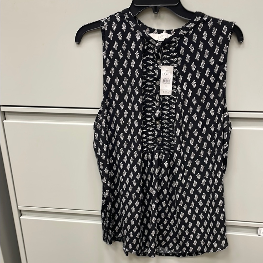 LOFT Black and White Ruffled Bib Collar Blouse
